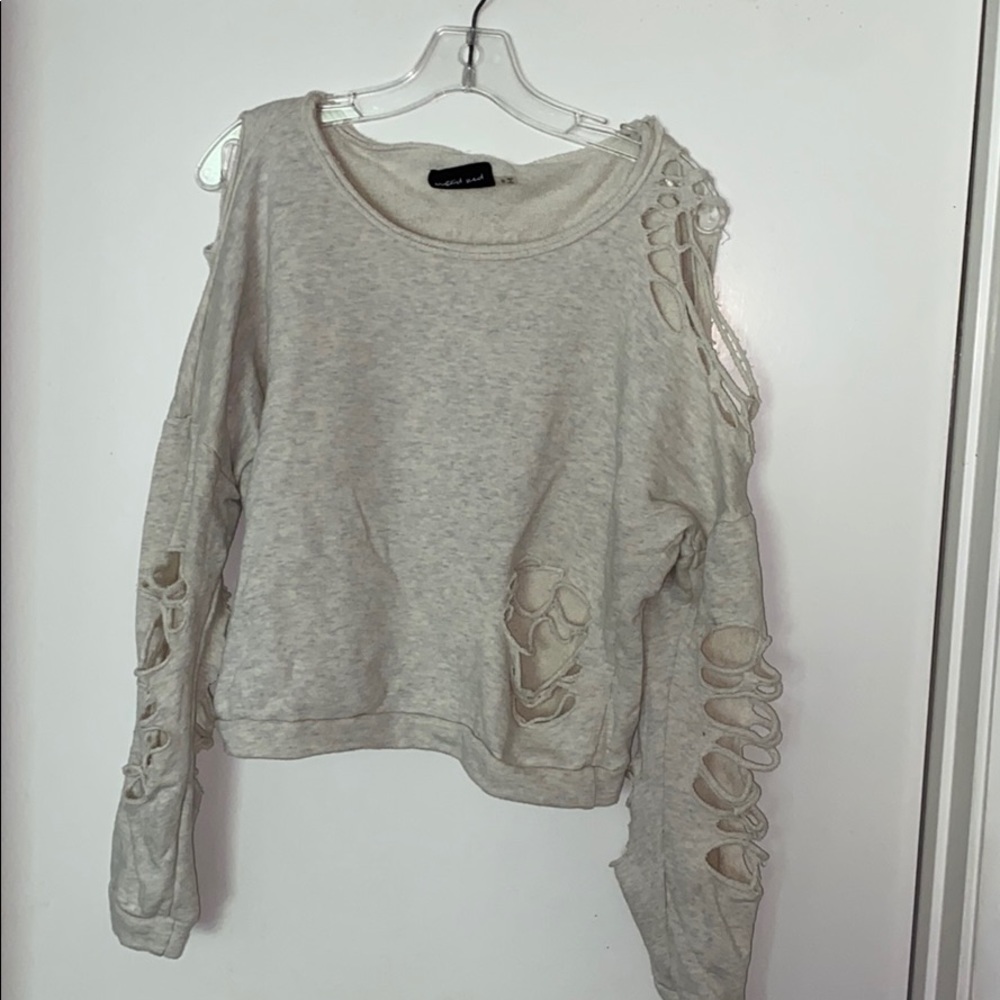 Distressed gray crew neck sweatshirt